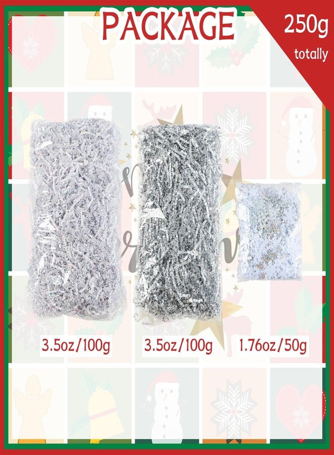 Gloreyan 8.8oz Christmas Crinkle Cut Paper Shred, Xmas Metallic Silver White Raffia Paper Sherd Filler Grass with Snowflake Confetti Decoration for Gift Wrapping Basket Filling Birthdays Weddings Party Supply - Image 2